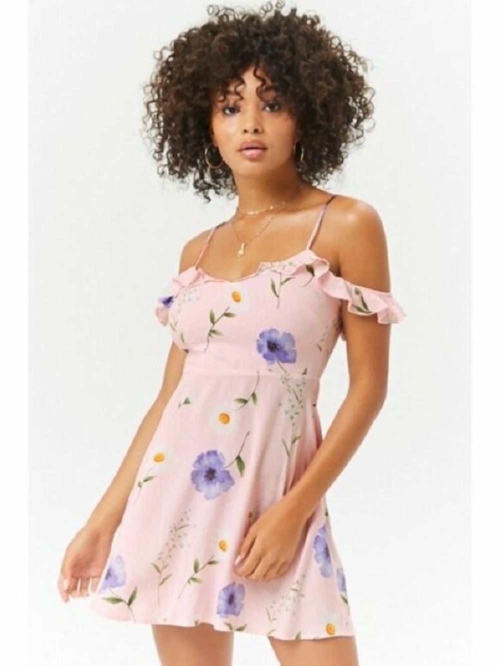 Forever 21 Pink Floral Cold-Shoulder Mini Dress with Ruffle Straps